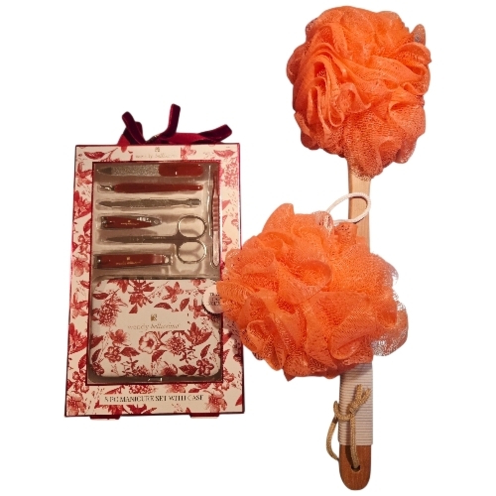Manicure Set Long Handle Loofah & Regular Mesh Loofah Bath Bundle NWT